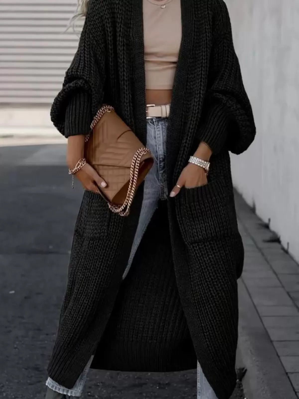 Solid Pocket V-neck Drop Shoulder Casual Basic Pocket Cardigan Ladies Knitwear for Spring & Fall Daily