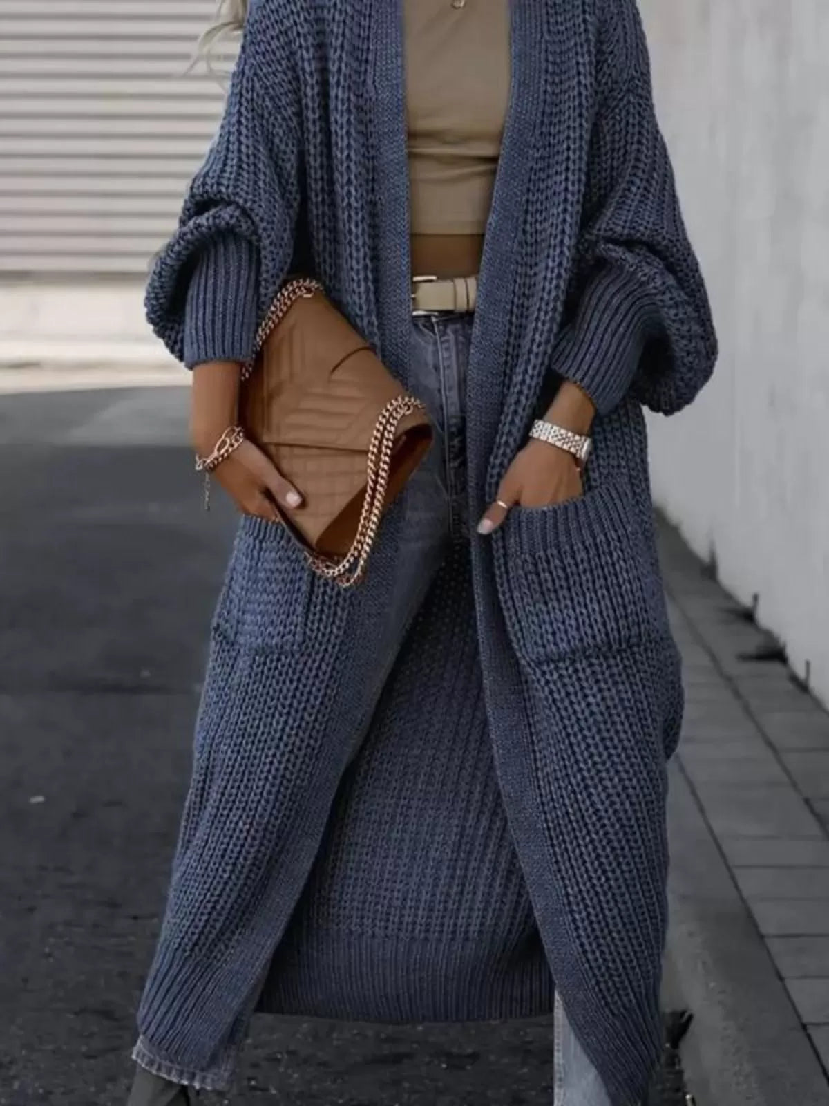 Solid Pocket V-neck Drop Shoulder Casual Basic Pocket Cardigan Ladies Knitwear for Spring & Fall Daily