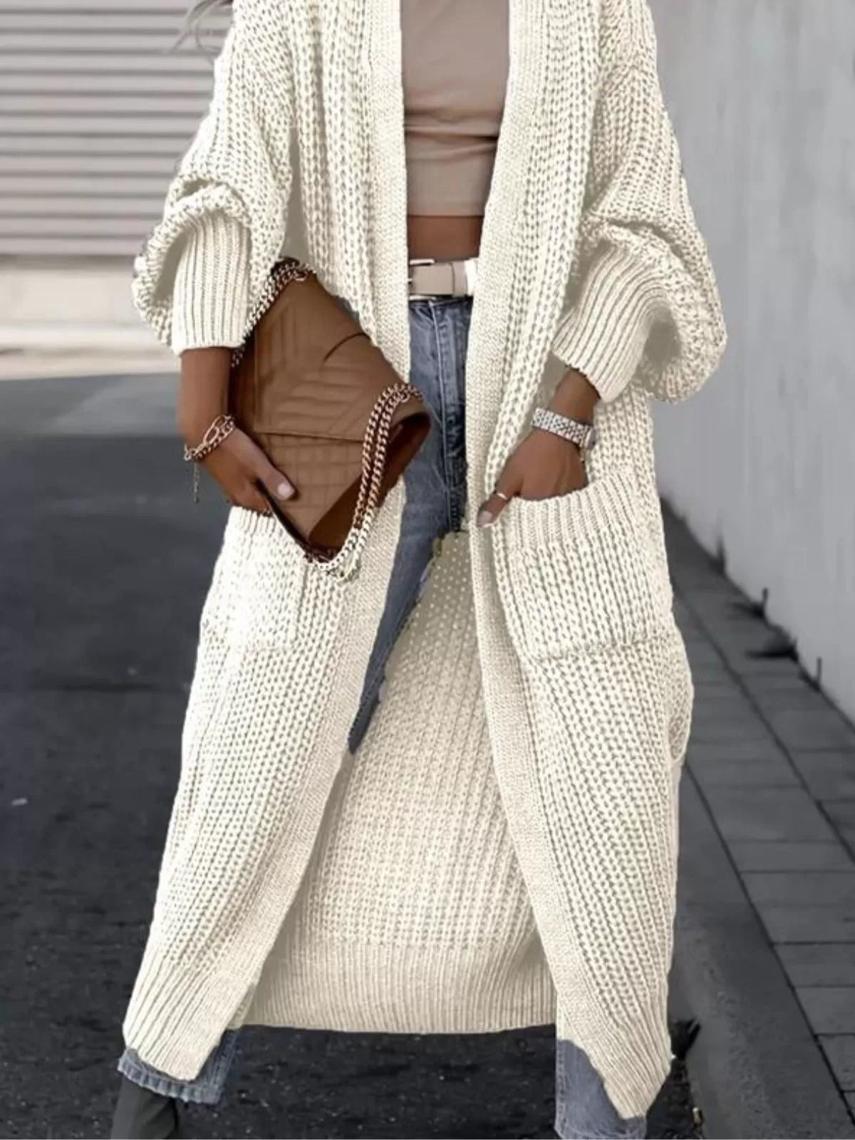 Solid Pocket V-neck Drop Shoulder Casual Basic Pocket Cardigan Ladies Knitwear for Spring & Fall Daily