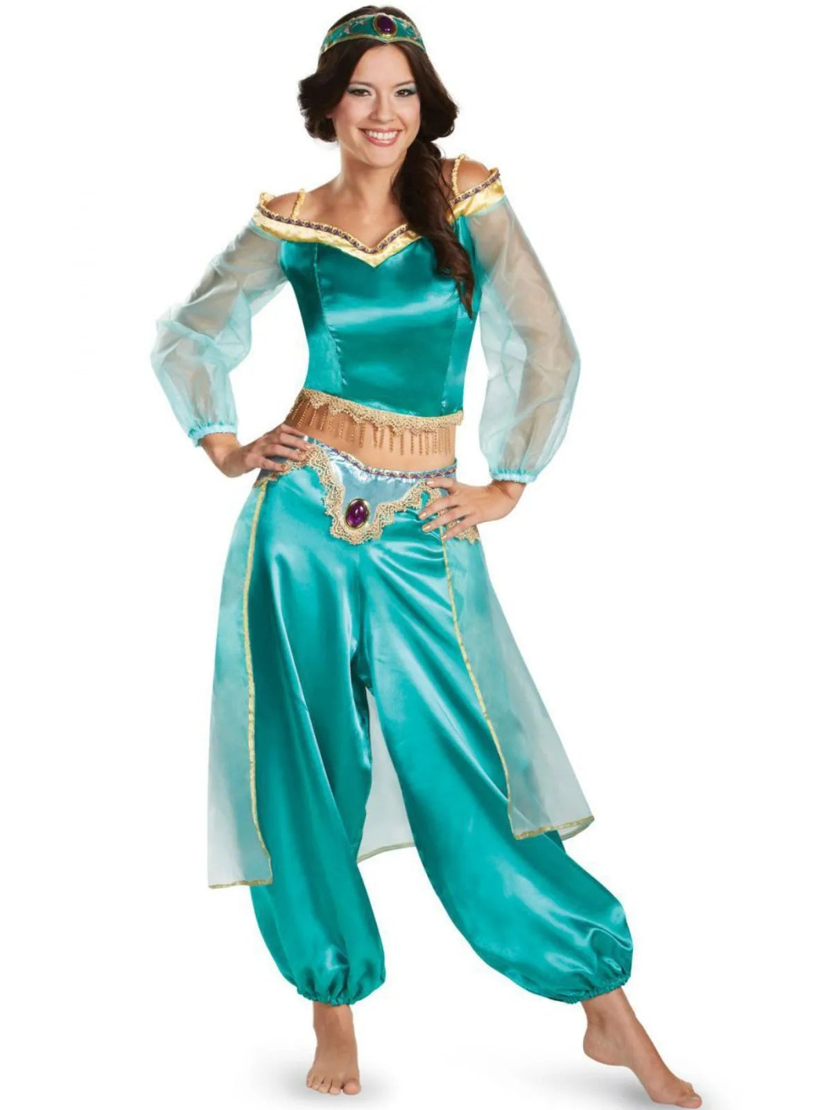 Solid Halloween Cosplay Aladdin's Magic Lamp Princess Jasmine Puff Off Shoulder Beading Blouse & Solid Lantern Pants, Including headdress