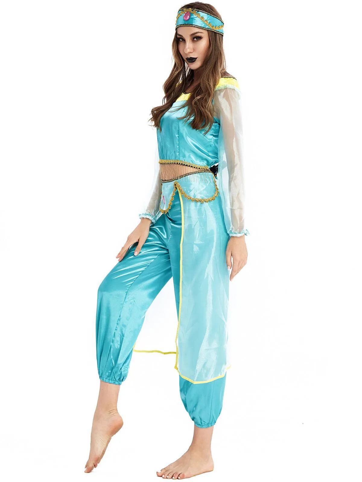 Solid Halloween Cosplay Aladdin's Magic Lamp Princess Jasmine Puff Off Shoulder Beading Blouse & Solid Lantern Pants, Including headdress