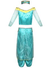Solid Halloween Cosplay Aladdin's Magic Lamp Princess Jasmine Puff Off Shoulder Beading Blouse & Solid Lantern Pants, Including headdress