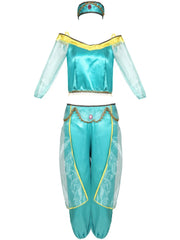 Solid Halloween Cosplay Aladdin's Magic Lamp Princess Jasmine Puff Off Shoulder Beading Blouse & Solid Lantern Pants, Including headdress