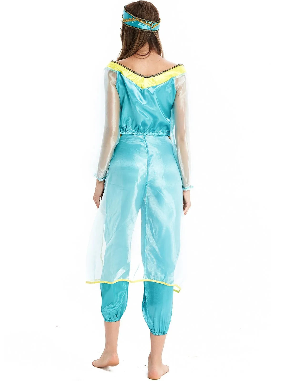 Solid Halloween Cosplay Aladdin's Magic Lamp Princess Jasmine Puff Off Shoulder Beading Blouse & Solid Lantern Pants, Including headdress
