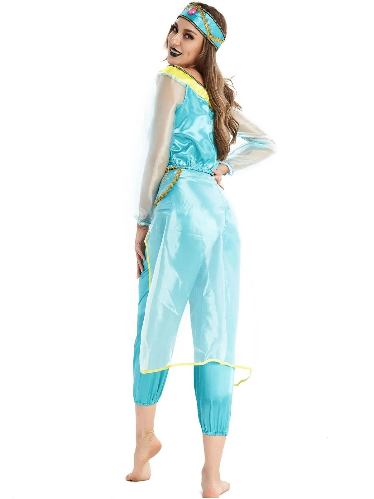Solid Halloween Cosplay Aladdin's Magic Lamp Princess Jasmine Puff Off Shoulder Beading Blouse & Solid Lantern Pants, Including headdress
