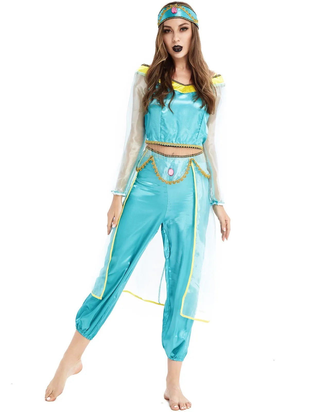 Solid Halloween Cosplay Aladdin's Magic Lamp Princess Jasmine Puff Off Shoulder Beading Blouse & Solid Lantern Pants, Including headdress