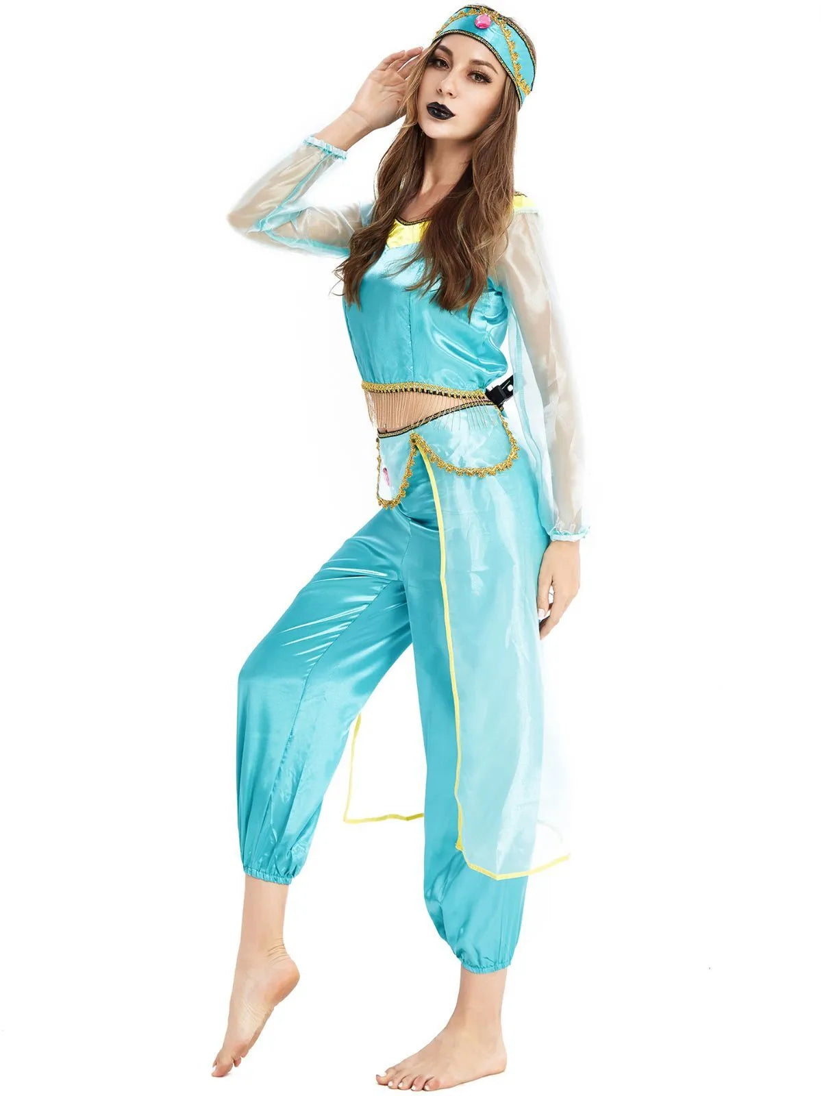 Solid Halloween Cosplay Aladdin's Magic Lamp Princess Jasmine Puff Off Shoulder Beading Blouse & Solid Lantern Pants, Including headdress