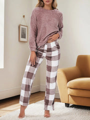 Solid Regular Long Sleeves Flannel Top & Gingham Plaid Flannelette Pants