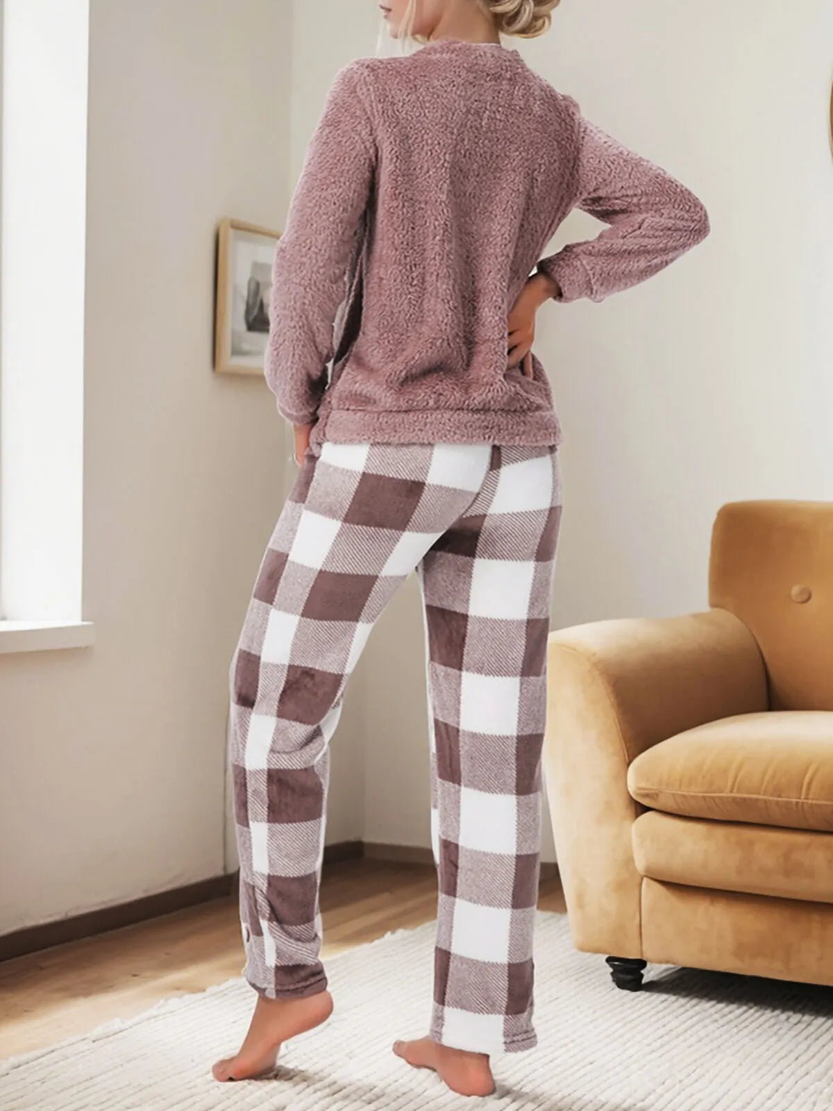 Solid Regular Long Sleeves Flannel Top & Gingham Plaid Flannelette Pants