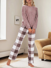 Solid Regular Long Sleeves Flannel Top & Gingham Plaid Flannelette Pants