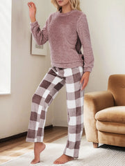 Solid Regular Long Sleeves Flannel Top & Gingham Plaid Flannelette Pants