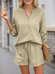 Solid Regular Long Sleeve Blouse & Solid Shorts