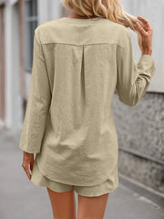 Solid Regular Long Sleeve Blouse & Solid Shorts
