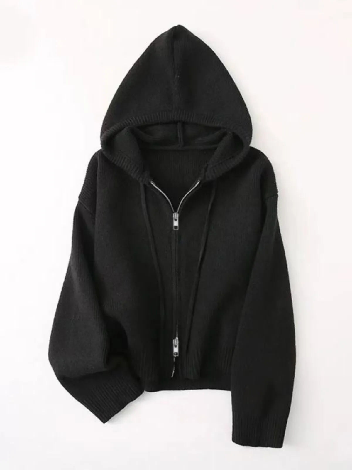 Solid Rib-knit Casual Knit Hooded Drop Shoulder Sweater Versatile Outerwear & Layering
