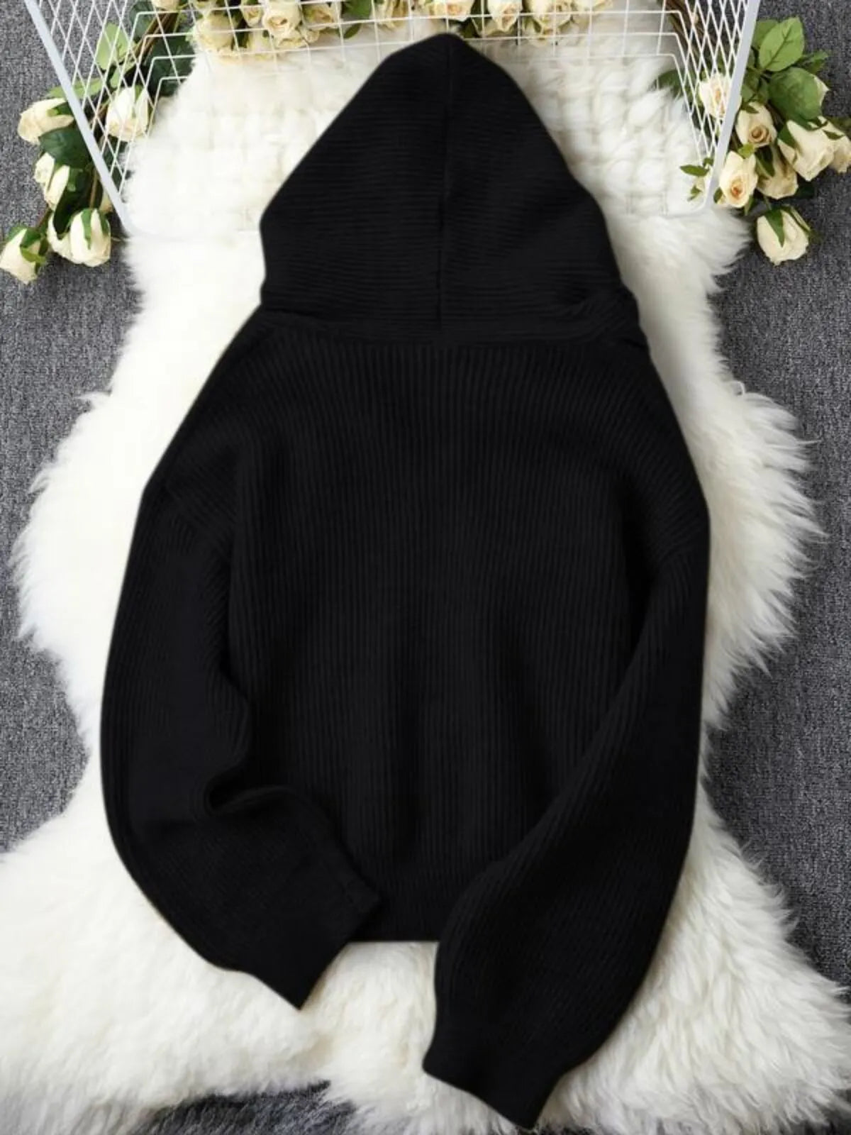 Solid Rib-knit Casual Knit Hooded Drop Shoulder Sweater Versatile Outerwear & Layering