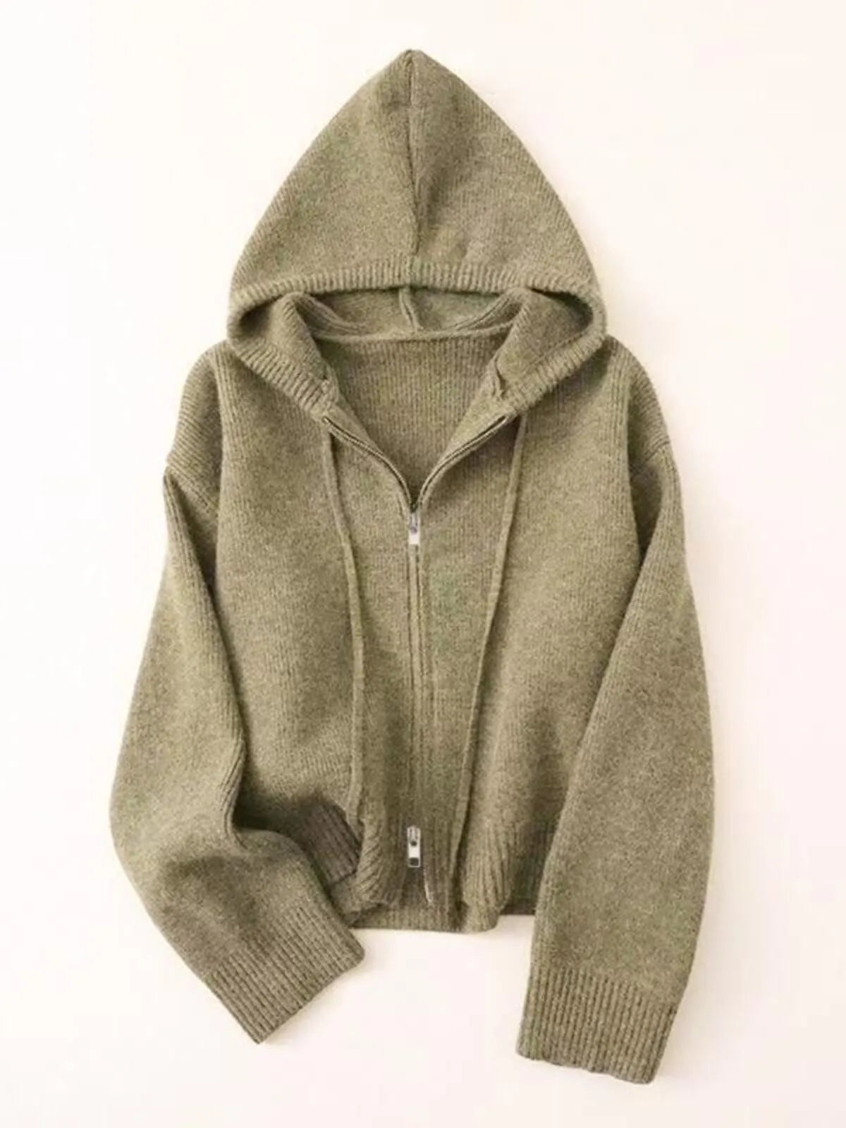 Solid Rib-knit Casual Knit Hooded Drop Shoulder Sweater Versatile Outerwear & Layering