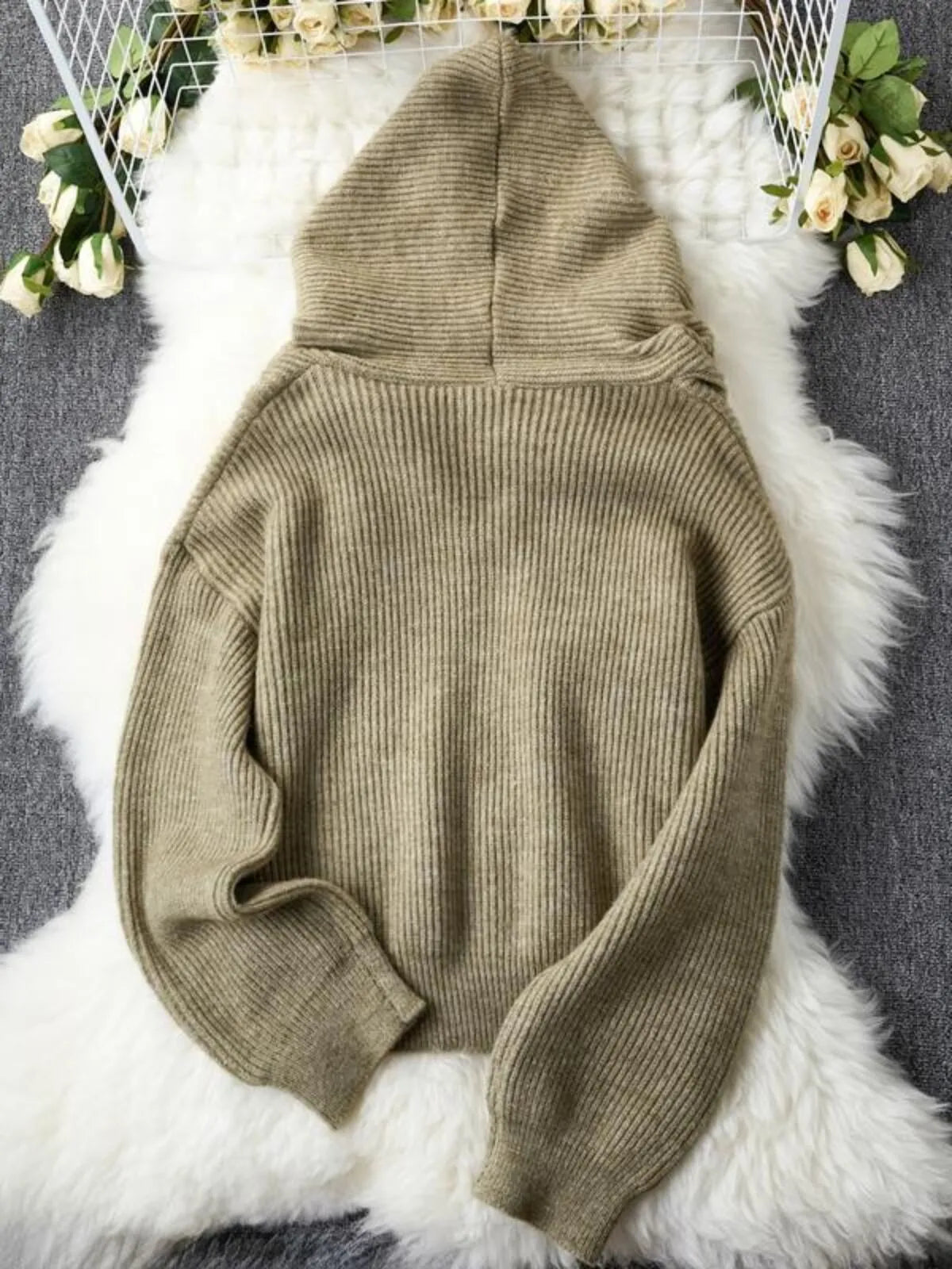 Solid Rib-knit Casual Knit Hooded Drop Shoulder Sweater Versatile Outerwear & Layering