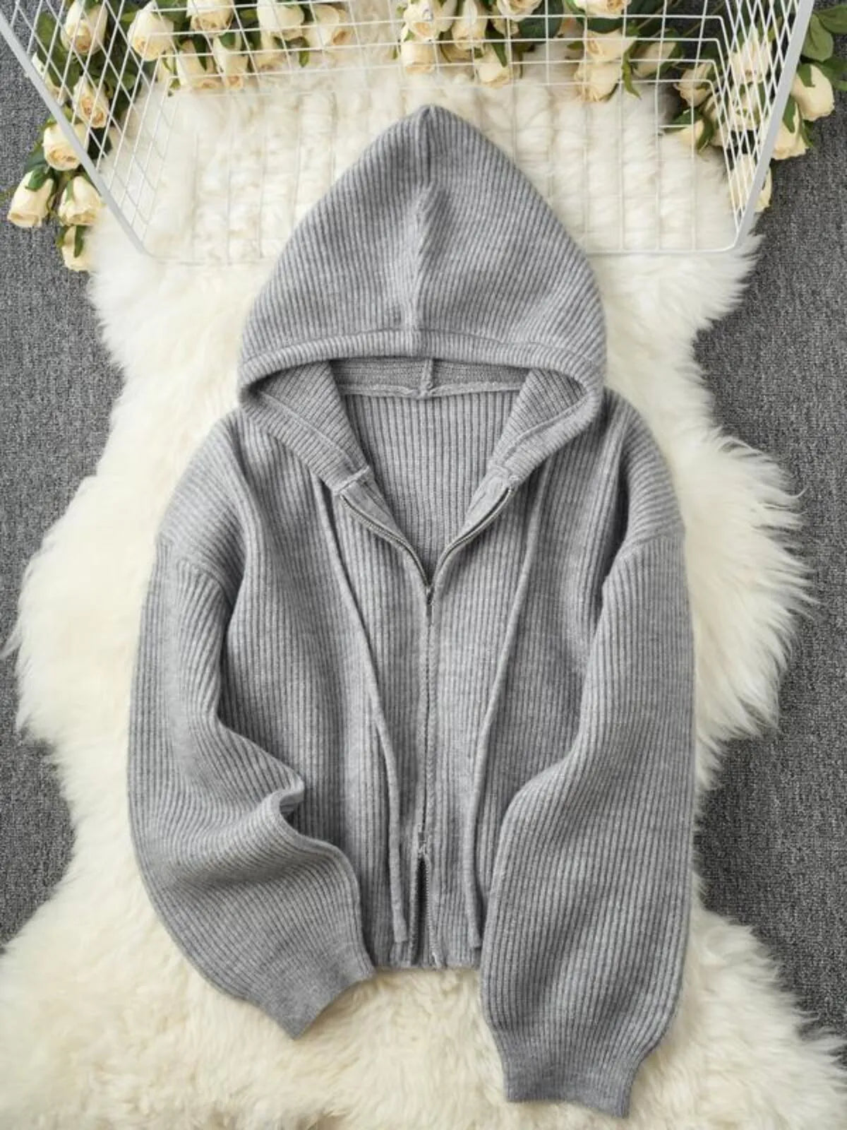 Solid Rib-knit Casual Knit Hooded Drop Shoulder Sweater Versatile Outerwear & Layering