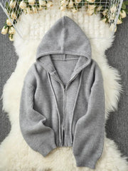 Solid Rib-knit Casual Knit Hooded Drop Shoulder Sweater Versatile Outerwear & Layering