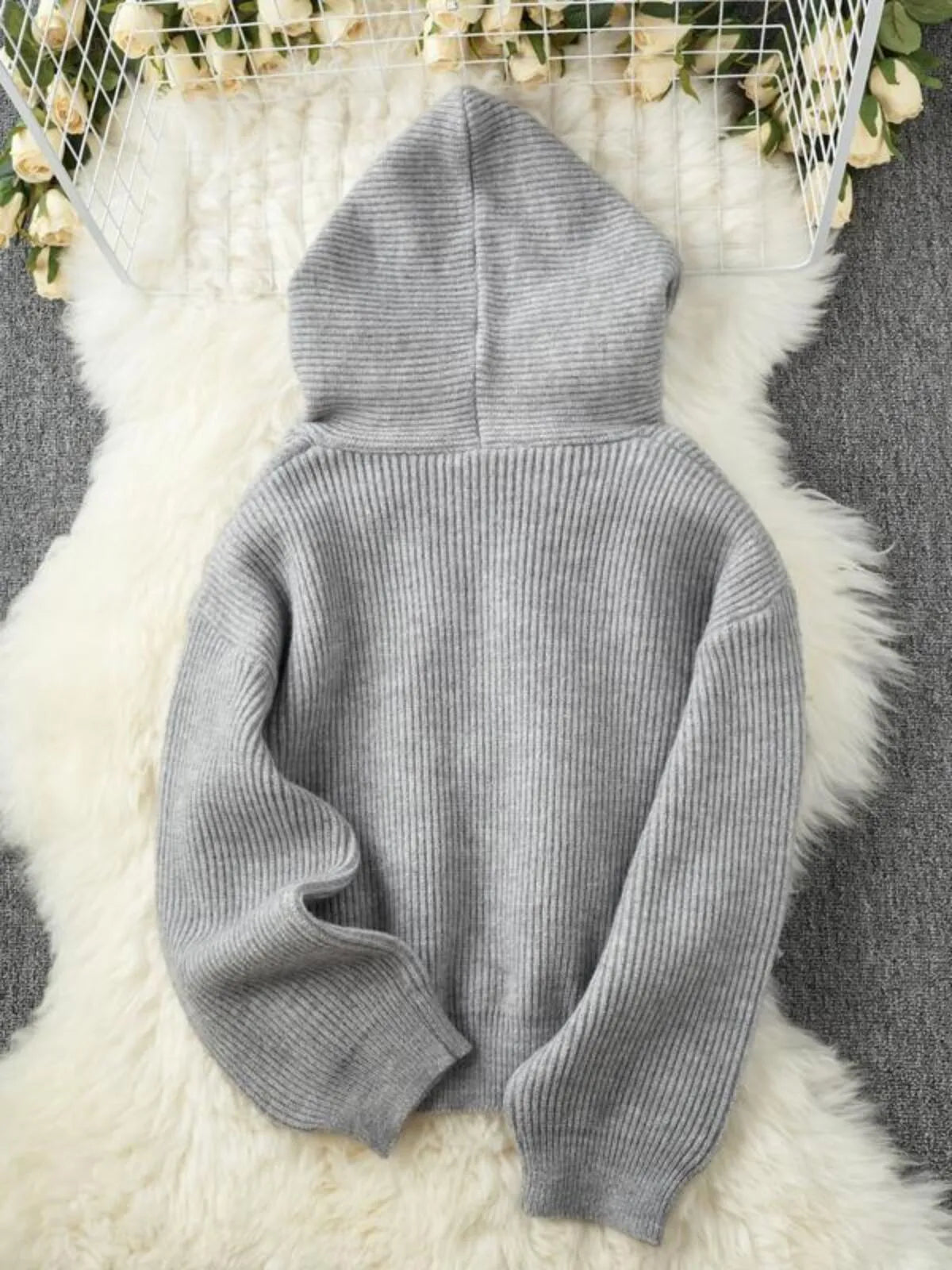 Solid Rib-knit Casual Knit Hooded Drop Shoulder Sweater Versatile Outerwear & Layering