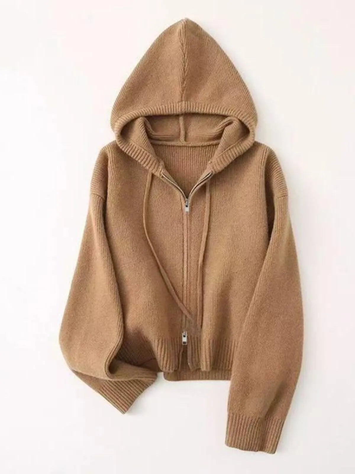 Solid Rib-knit Casual Knit Hooded Drop Shoulder Sweater Versatile Outerwear & Layering