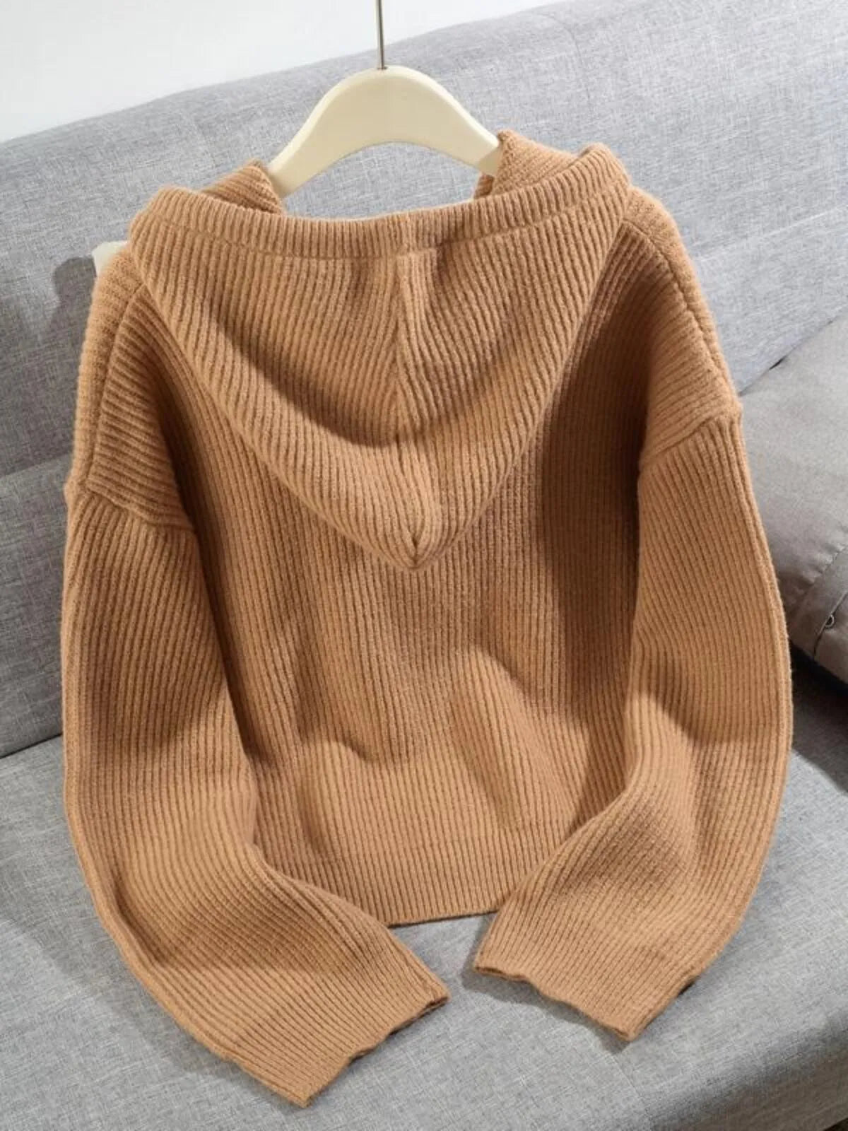 Solid Rib-knit Casual Knit Hooded Drop Shoulder Sweater Versatile Outerwear & Layering