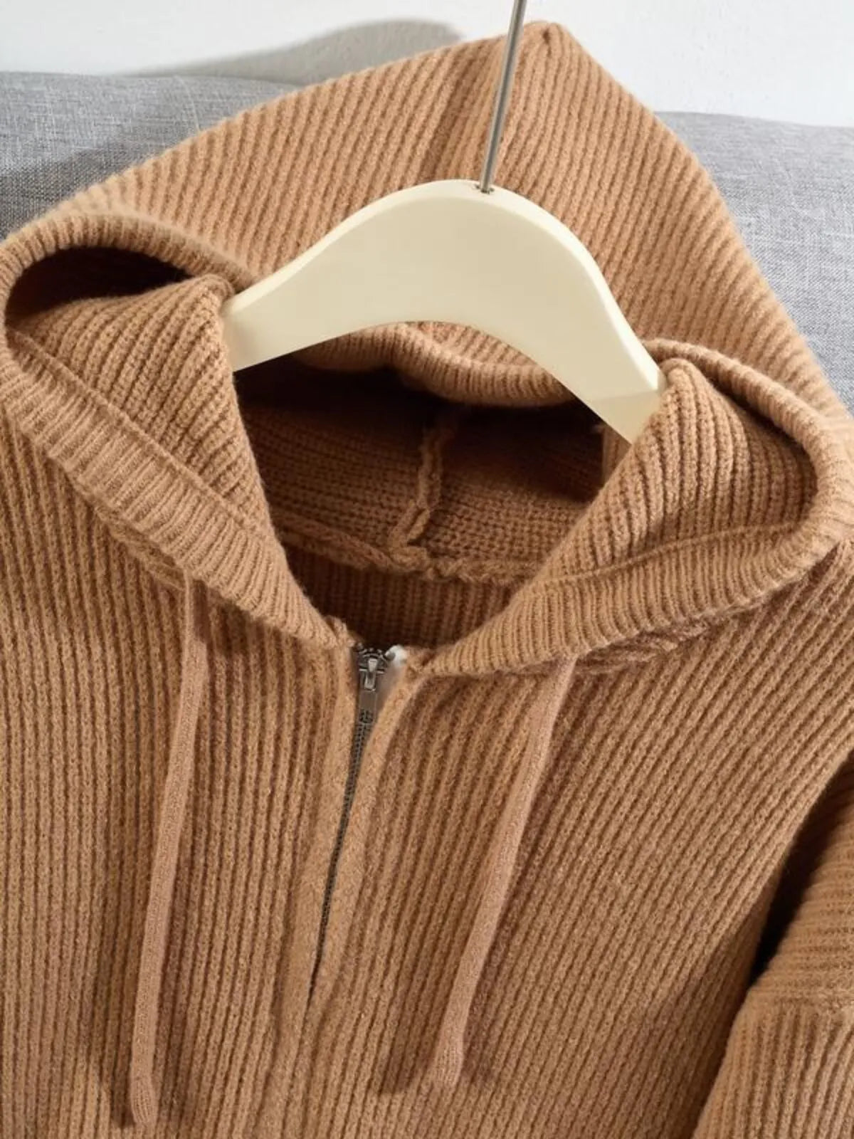 Solid Rib-knit Casual Knit Hooded Drop Shoulder Sweater Versatile Outerwear & Layering