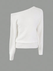 Solid Rib-knit Off Shoulder Sweater Basic Knitwear for Daily Wear
