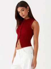 Solid Rib-knit Round Neck Sleeveless Regular Tank