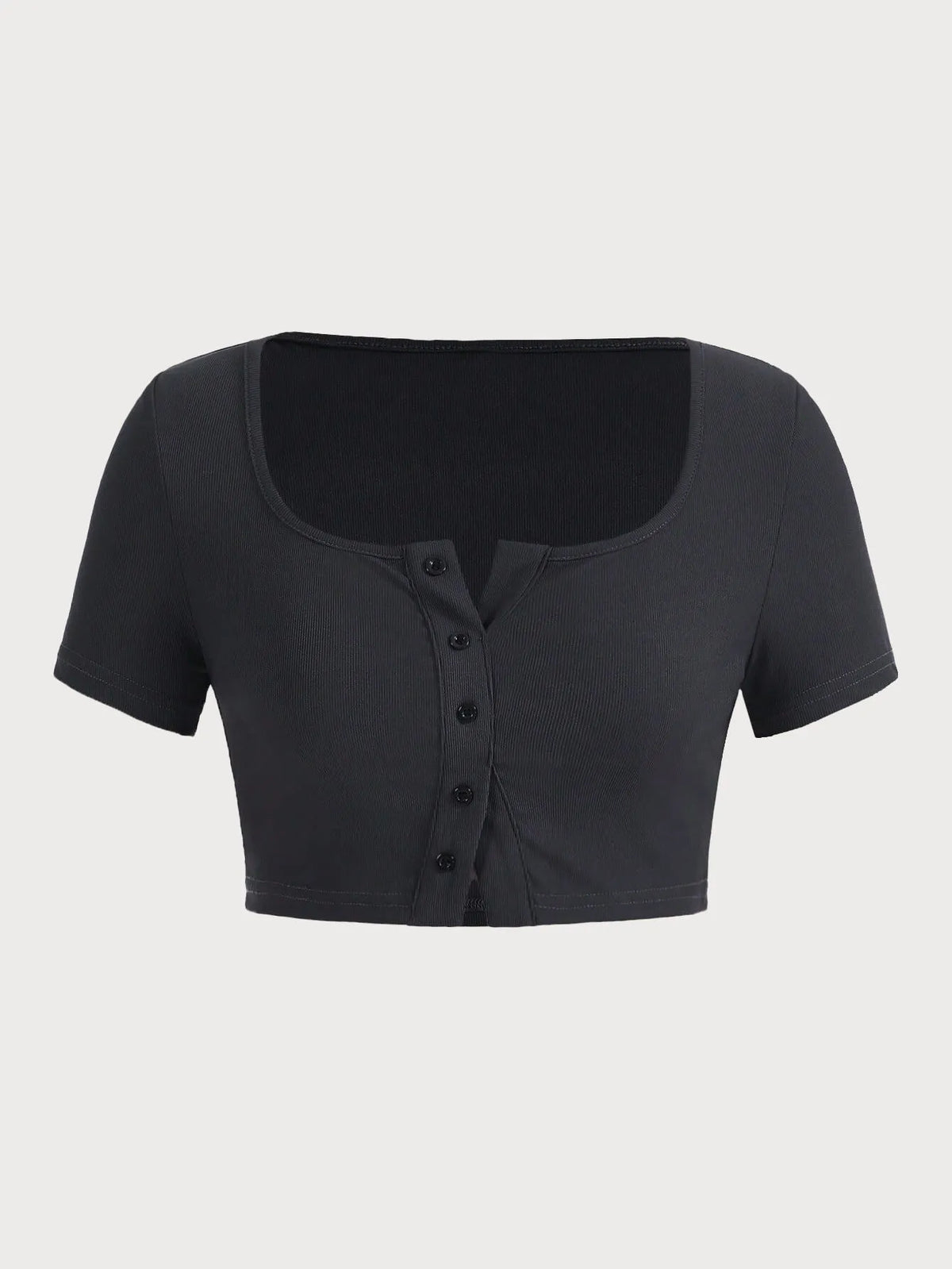 Solid Ribbed Knit Button Front Scoop Crop T-shirt 
