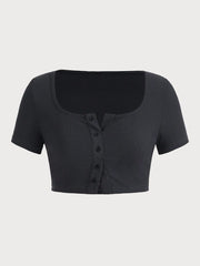 Solid Ribbed Knit Button Front Scoop Crop T-shirt 