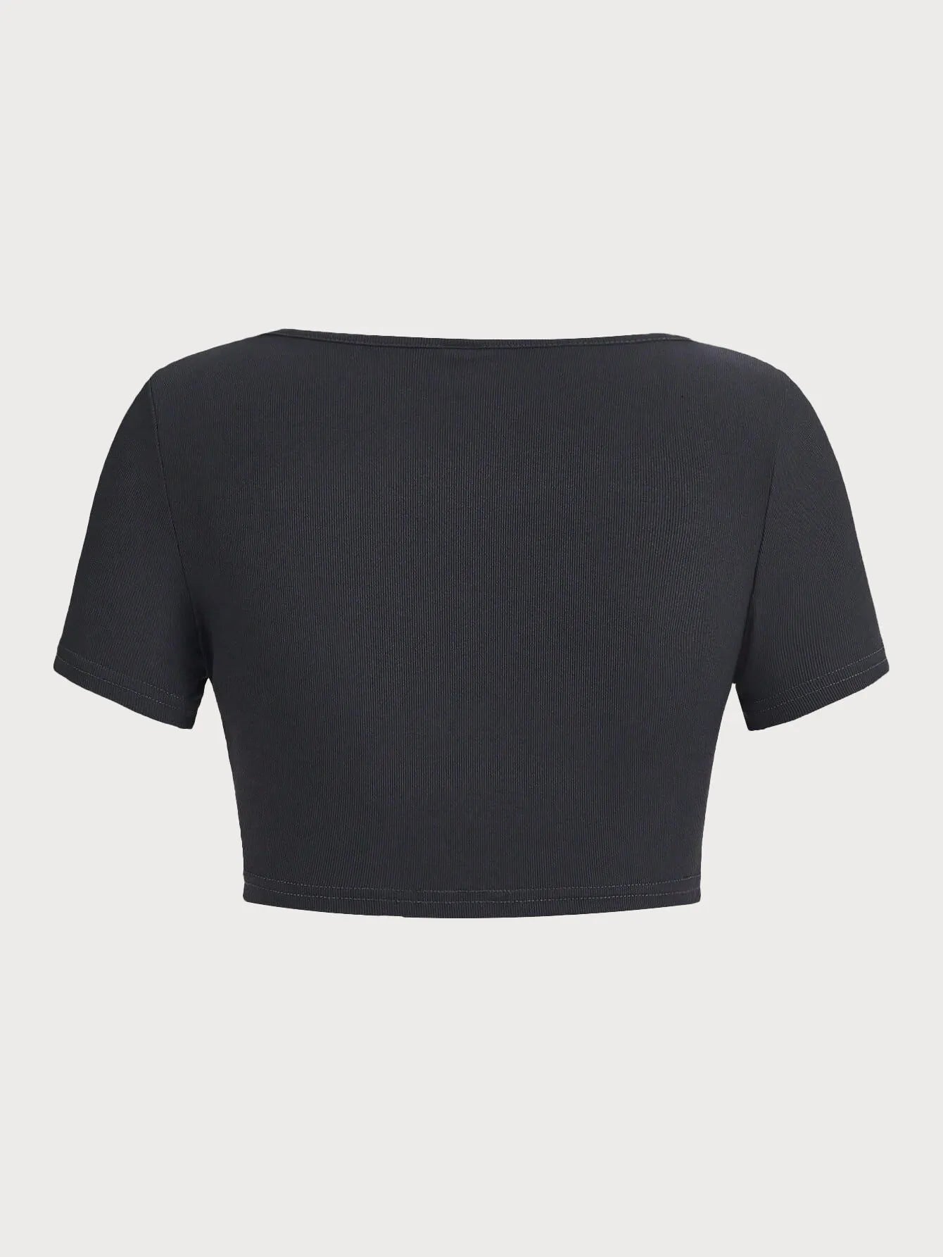 Solid Ribbed Knit Button Front Scoop Crop T-shirt 