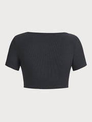 Solid Ribbed Knit Button Front Scoop Crop T-shirt 