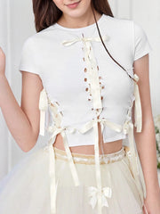 Solid Ribbon Round Neck Cap Sleeve T-shirt