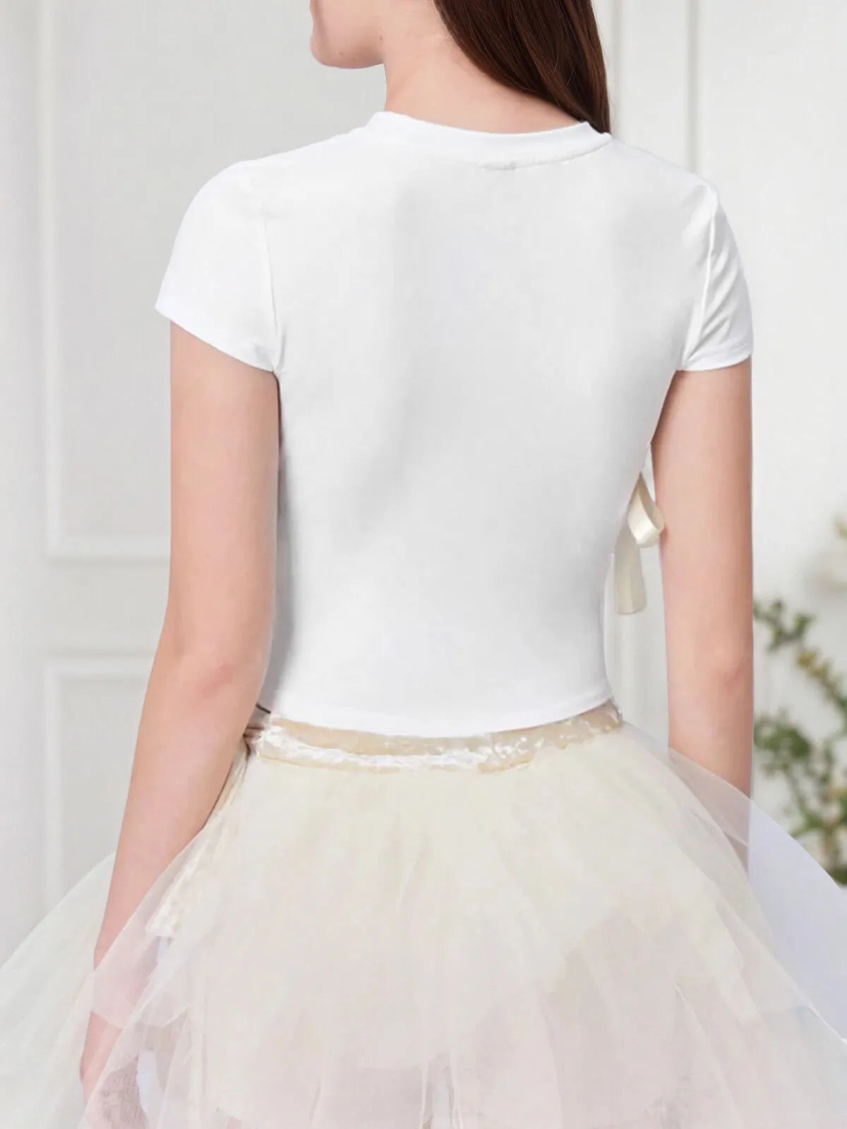 Solid Ribbon Round Neck Cap Sleeve T-shirt