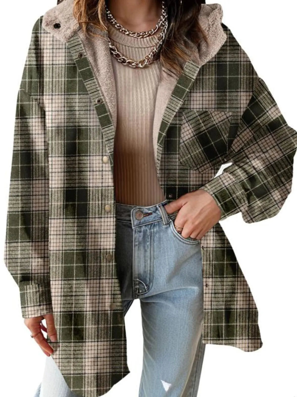 Solid Round Neck Flannel Hooded Plaid Thick Coat Winter Coat for Warmth