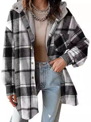 Solid Round Neck Flannel Hooded Plaid Thick Coat Winter Coat for Warmth