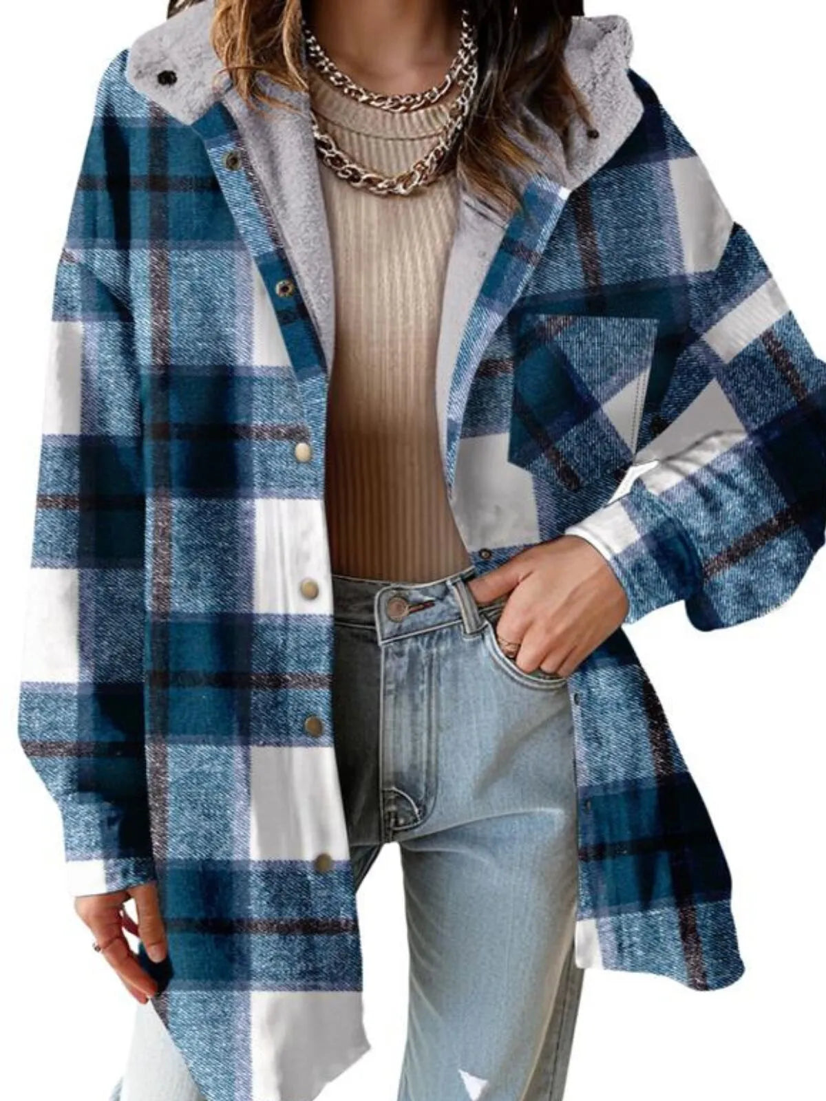 Solid Round Neck Flannel Hooded Plaid Thick Coat Winter Coat for Warmth
