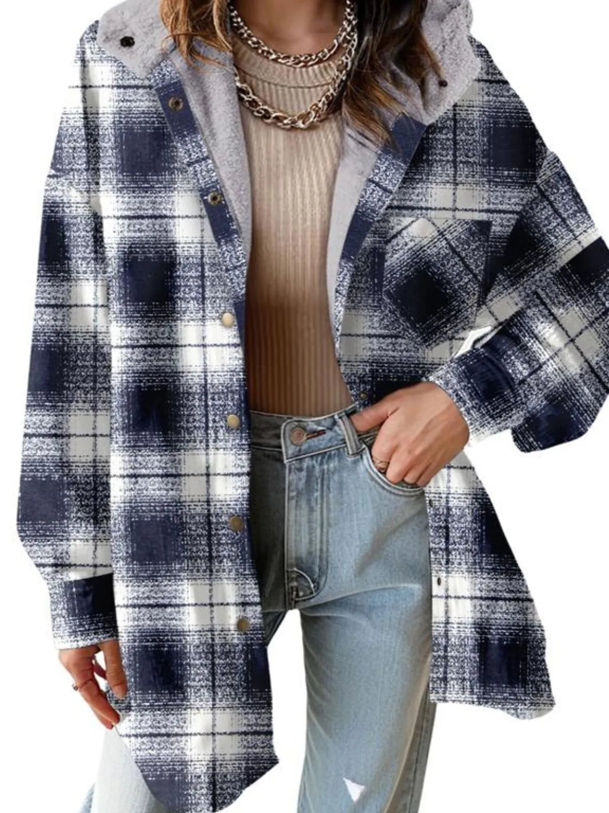 Solid Round Neck Flannel Hooded Plaid Thick Coat Winter Coat for Warmth
