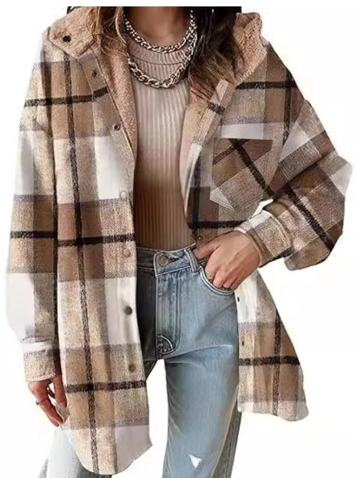 Solid Round Neck Flannel Hooded Plaid Thick Coat Winter Coat for Warmth