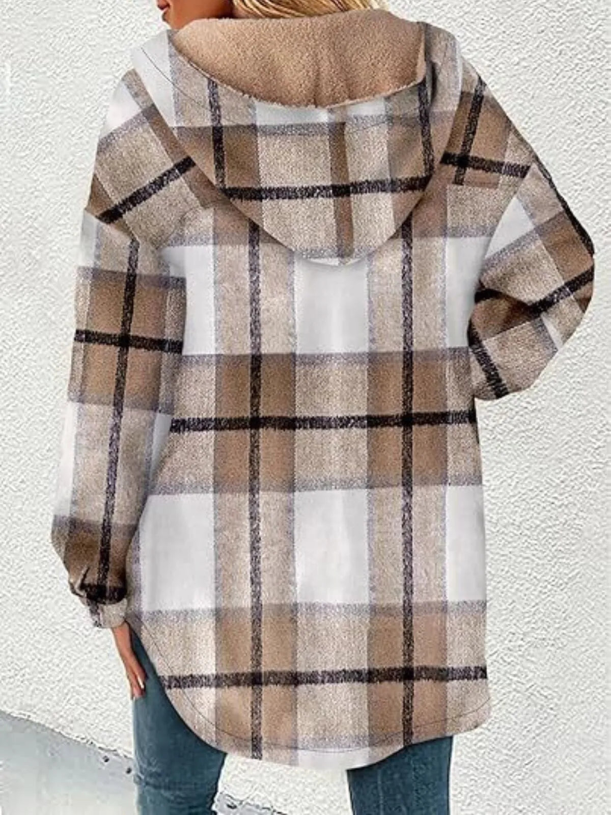 Solid Round Neck Flannel Hooded Plaid Thick Coat Winter Coat for Warmth