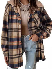 Solid Round Neck Flannel Hooded Plaid Thick Coat Winter Coat for Warmth