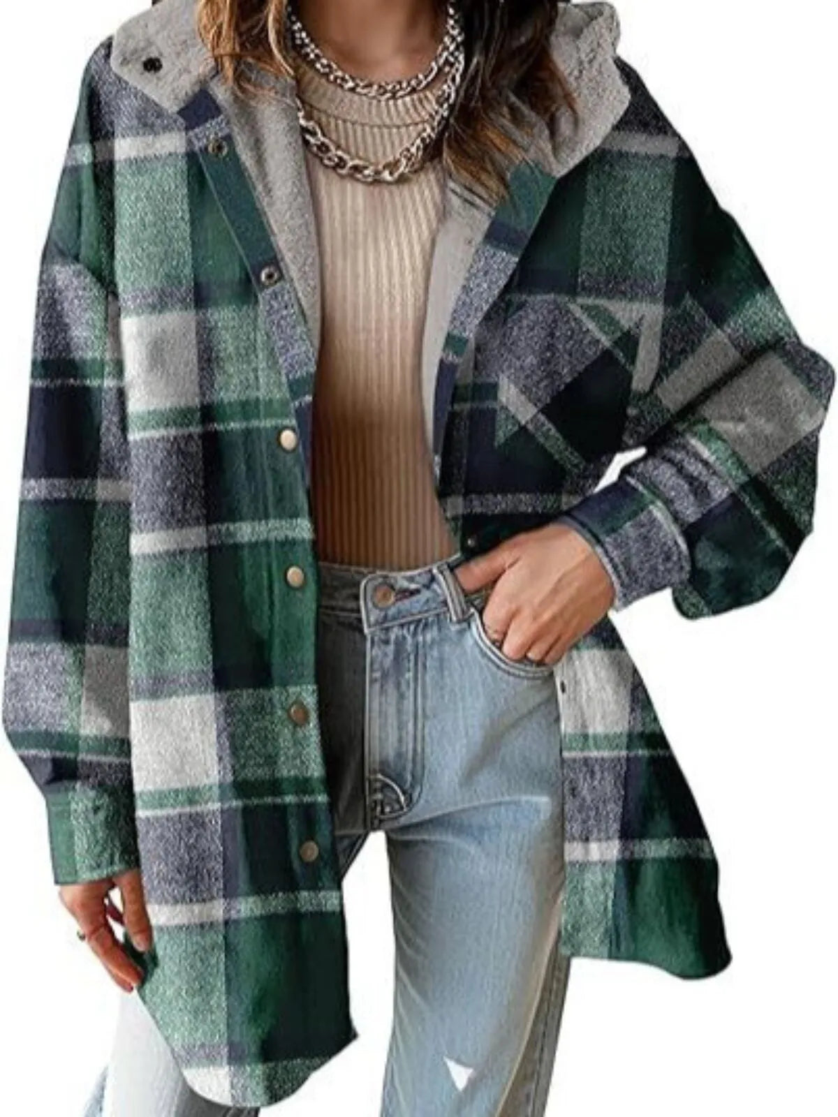 Solid Round Neck Flannel Hooded Plaid Thick Coat Winter Coat for Warmth