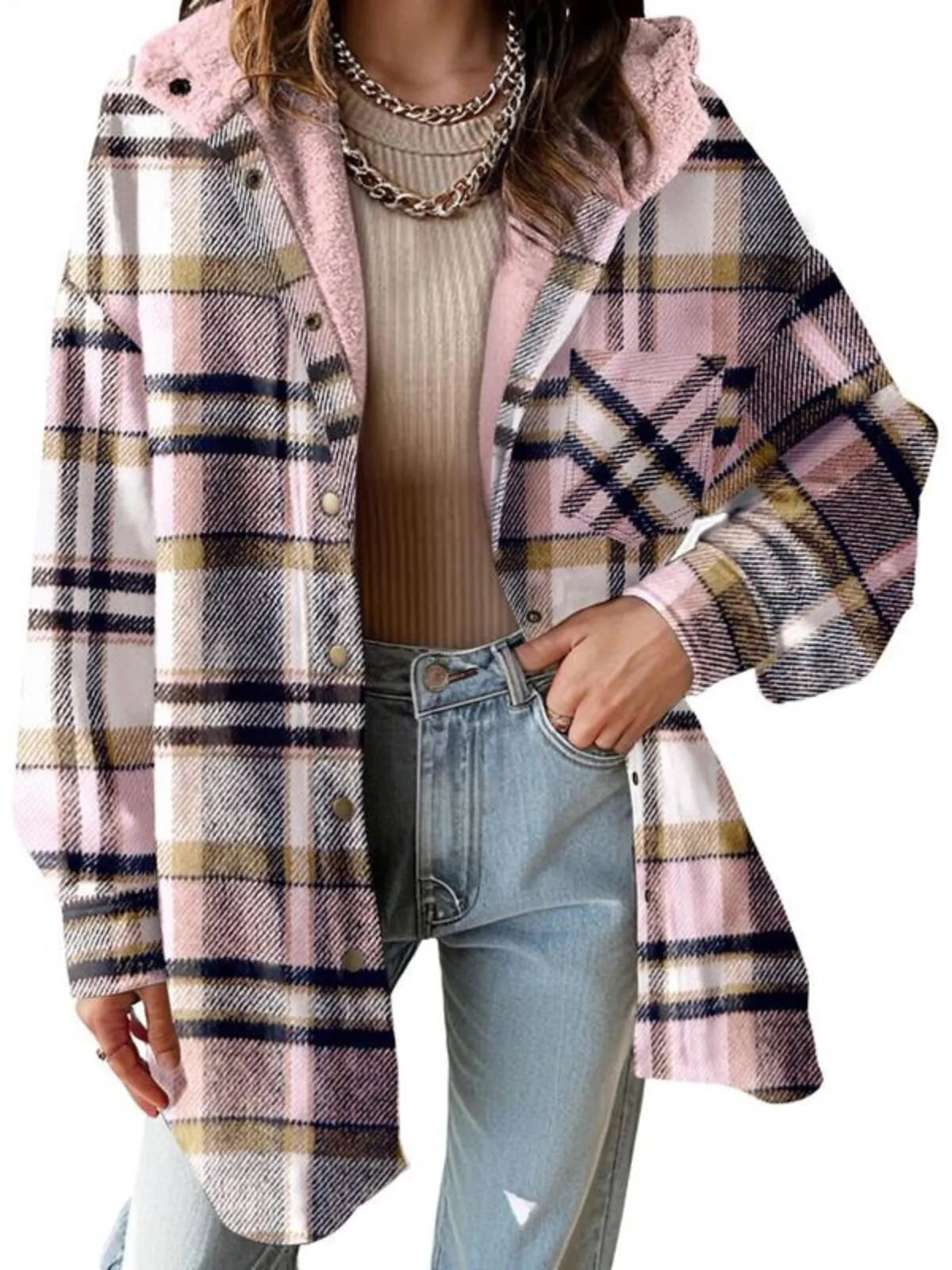 Solid Round Neck Flannel Hooded Plaid Thick Coat Winter Coat for Warmth
