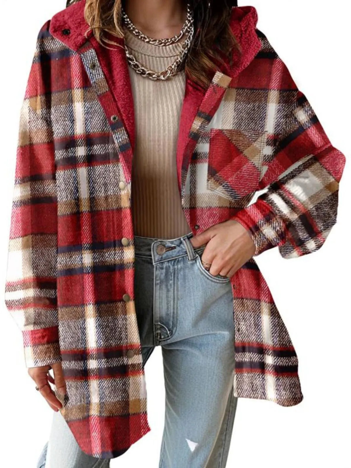 Solid Round Neck Flannel Hooded Plaid Thick Coat Winter Coat for Warmth