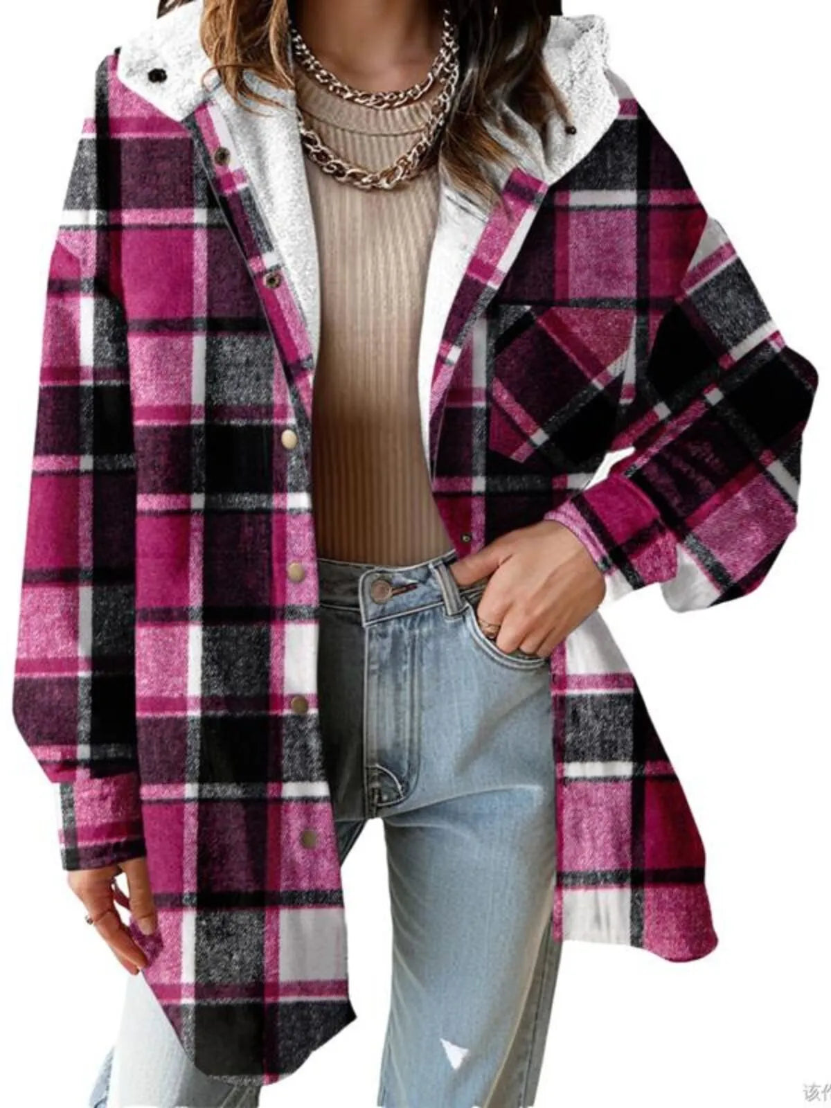 Solid Round Neck Flannel Hooded Plaid Thick Coat Winter Coat for Warmth