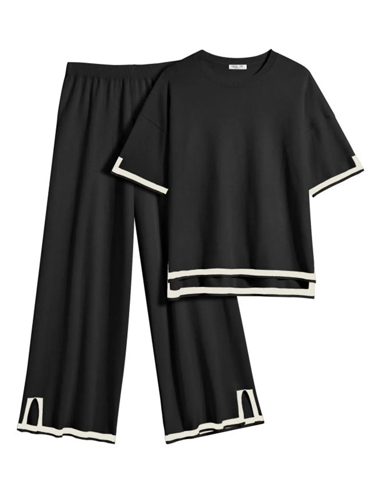 Women's 2-Piece Lounge Set - Black Knit Tracksuit with Short Sleeve Top & Wide Leg Pants - Soft Stretchy Homewear for Casual Wear