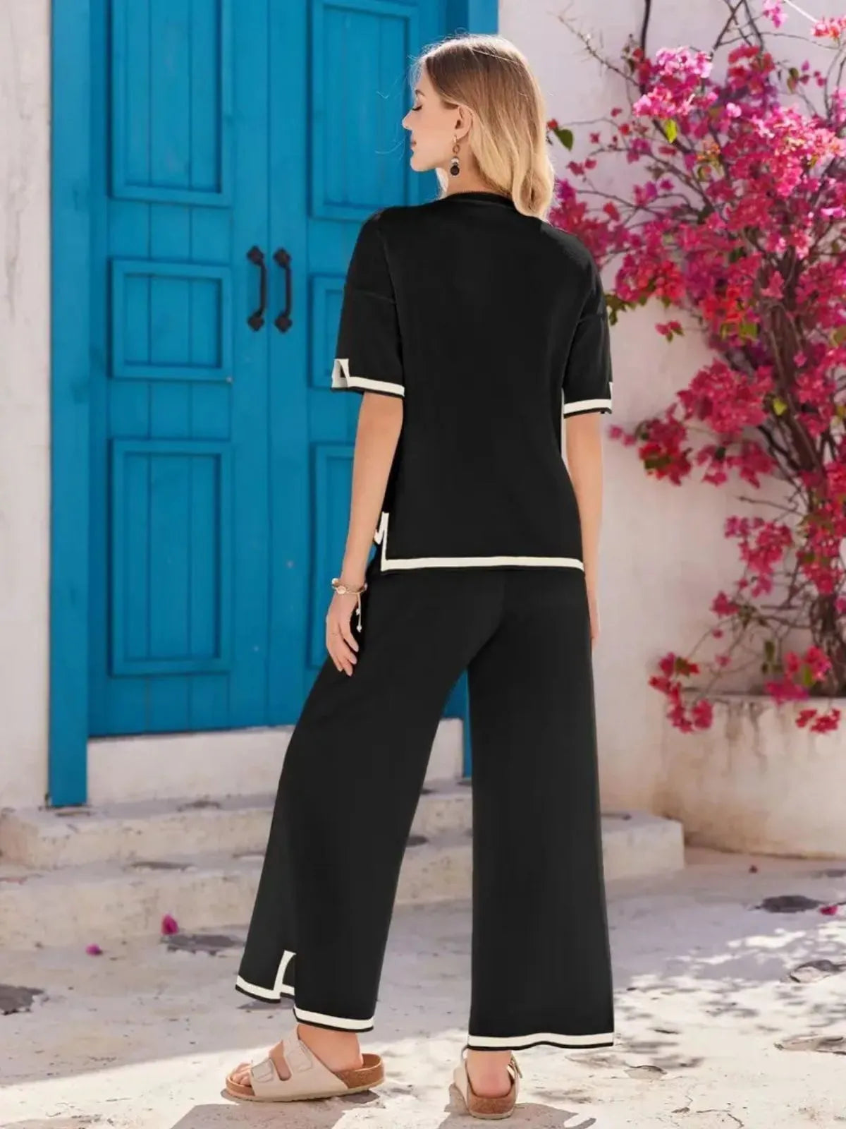 Women's 2-Piece Lounge Set - Black Knit Tracksuit with Short Sleeve Top & Wide Leg Pants - Soft Stretchy Homewear for Casual Wear