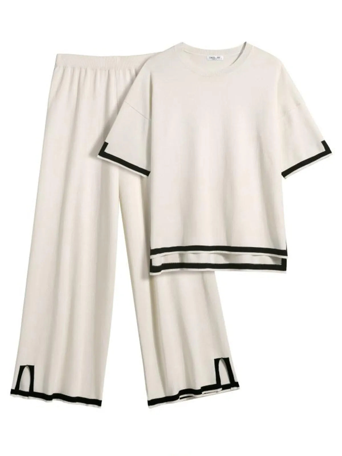 Women's 2-Piece Lounge Set - Black Knit Tracksuit with Short Sleeve Top & Wide Leg Pants - Soft Stretchy Homewear for Casual Wear