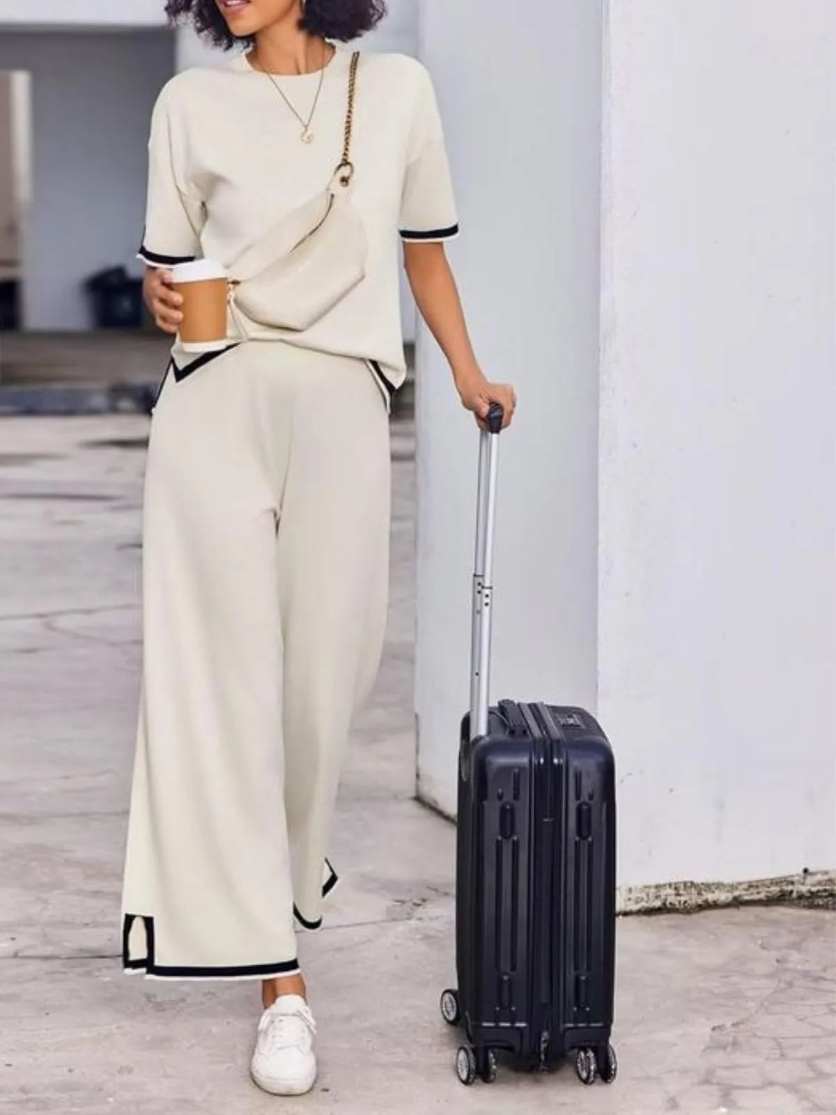 Women's 2-Piece Lounge Set - Black Knit Tracksuit with Short Sleeve Top & Wide Leg Pants - Soft Stretchy Homewear for Casual Wear
